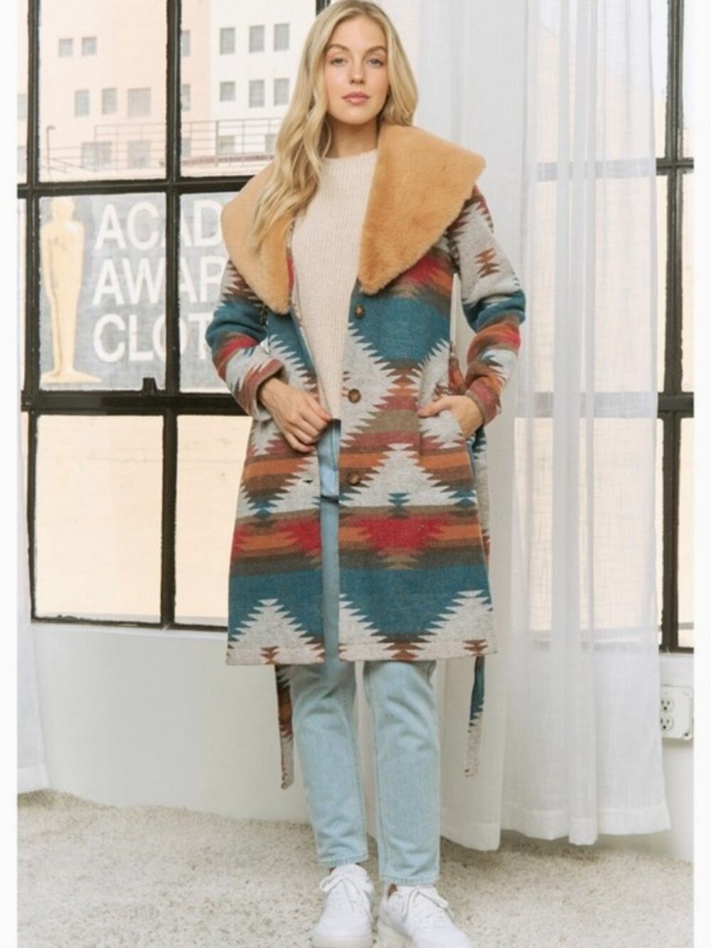 Aztec Jacket Shacket with Contrast Fur Showl Collar - Picture 9 of 13